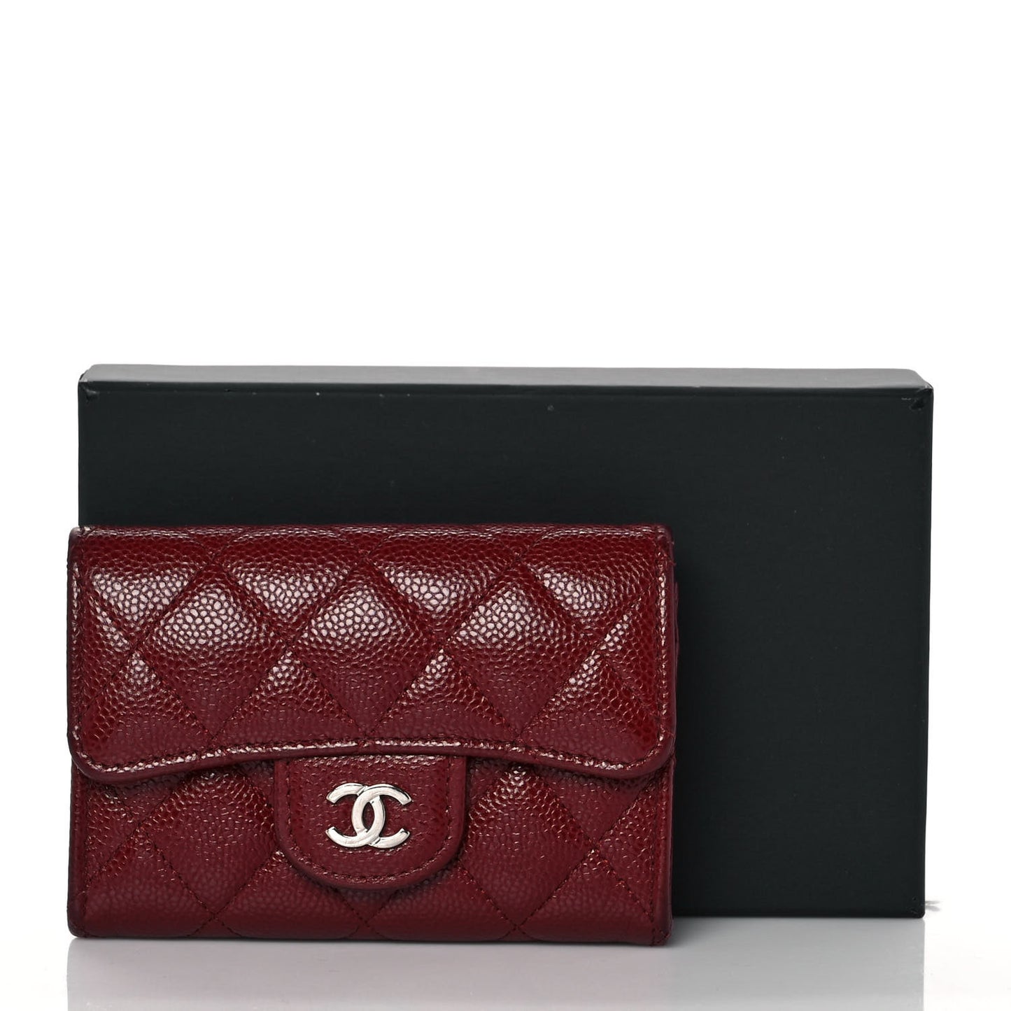 Caviar Quilted Flap Card Holder Wallet Burgundy