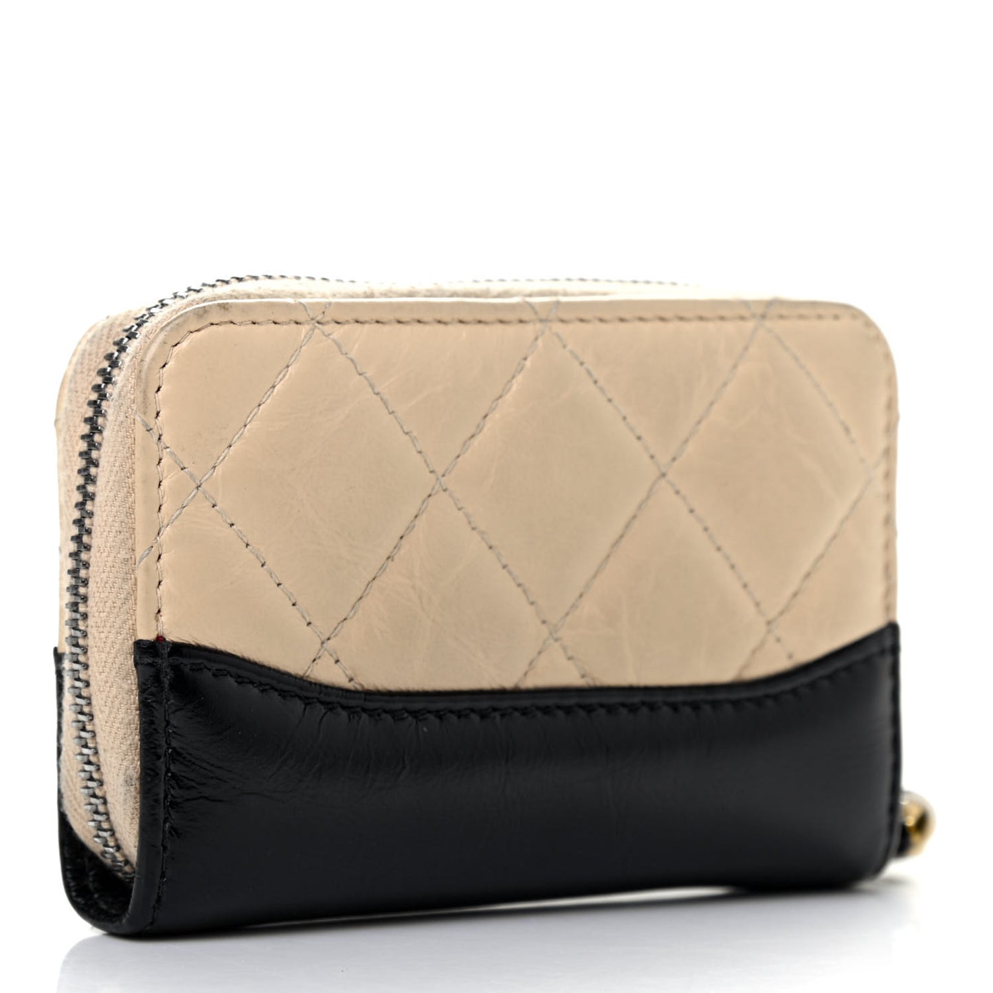 Aged Calfskin Quilted Gabrielle Zip Around Coin Purse Wallet Beige Black