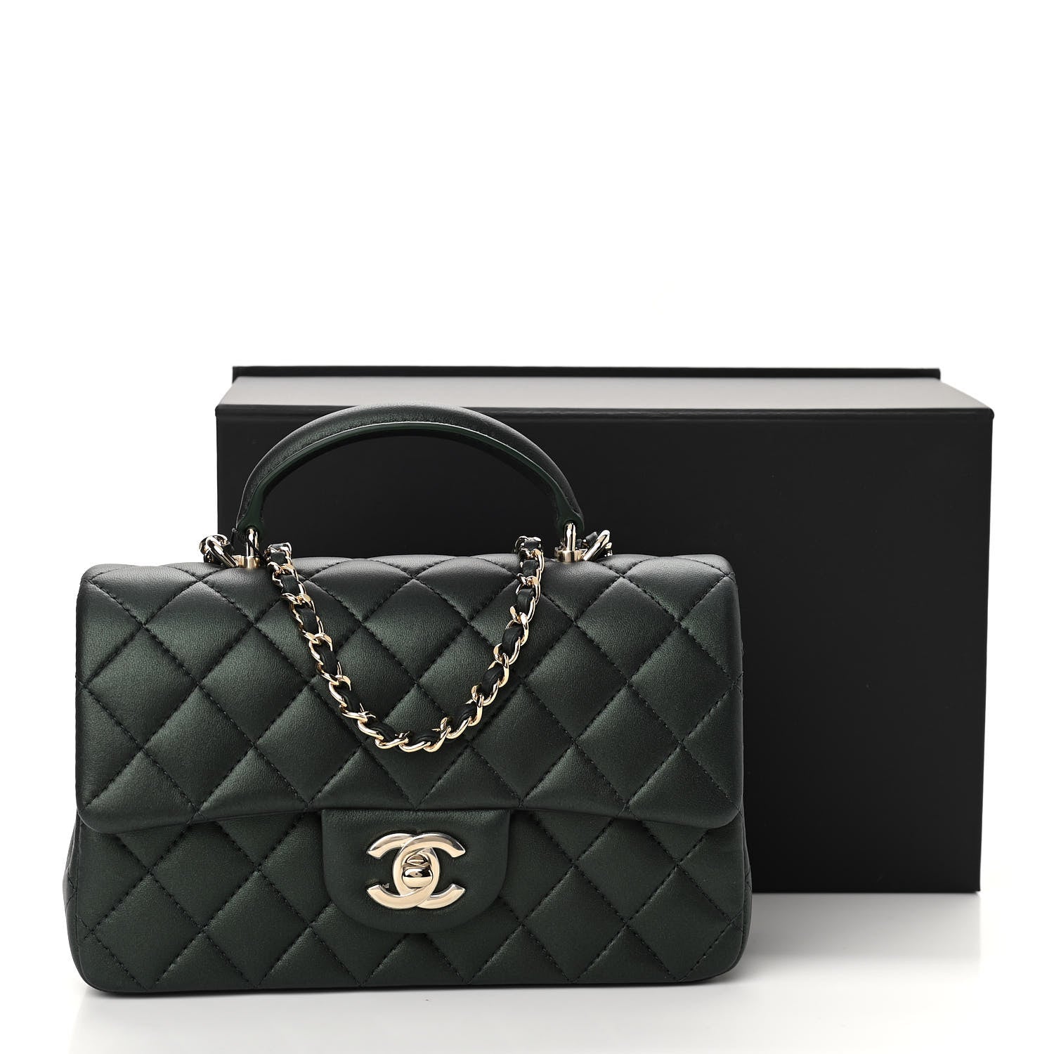 Chanel Iridescent Lambskin Quilted Mini Top Handle Rectangular Flap Dark Green 11 of 11