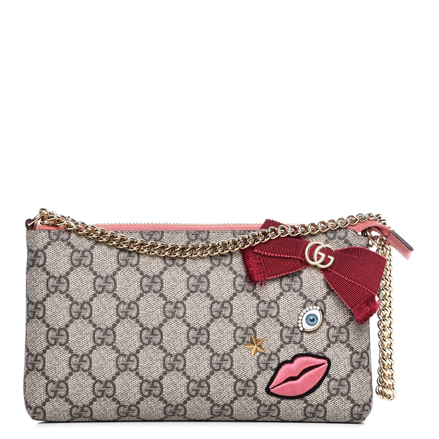 GG Supreme Monogram Face Embroidered Wrist Wallet Pink
