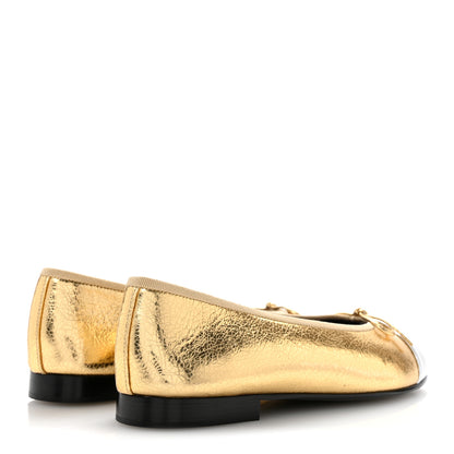 Chanel Metallic Crackled Laminated Calfskin CC Cap Toe Ballerina Flats 37.5 Gold Silver 5 of 11