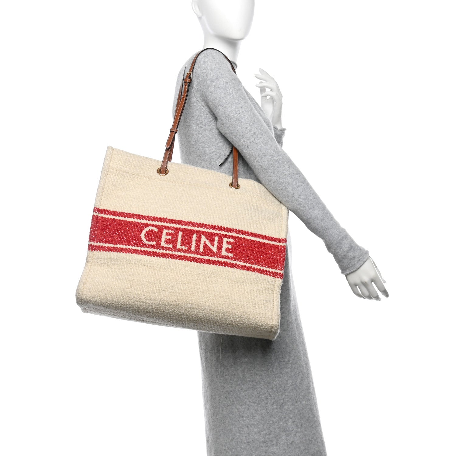 Celine Plein Soleil Textile Calfskin Horizontal Cabas Cream Red 2 of 10