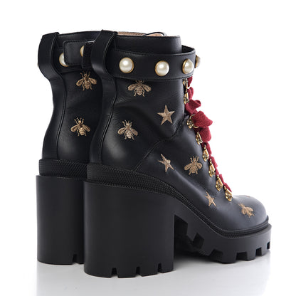 Gucci Calfskin Bee Star Embroidered Lace Up Combat Ankle Boots 37 Black 4 of 6