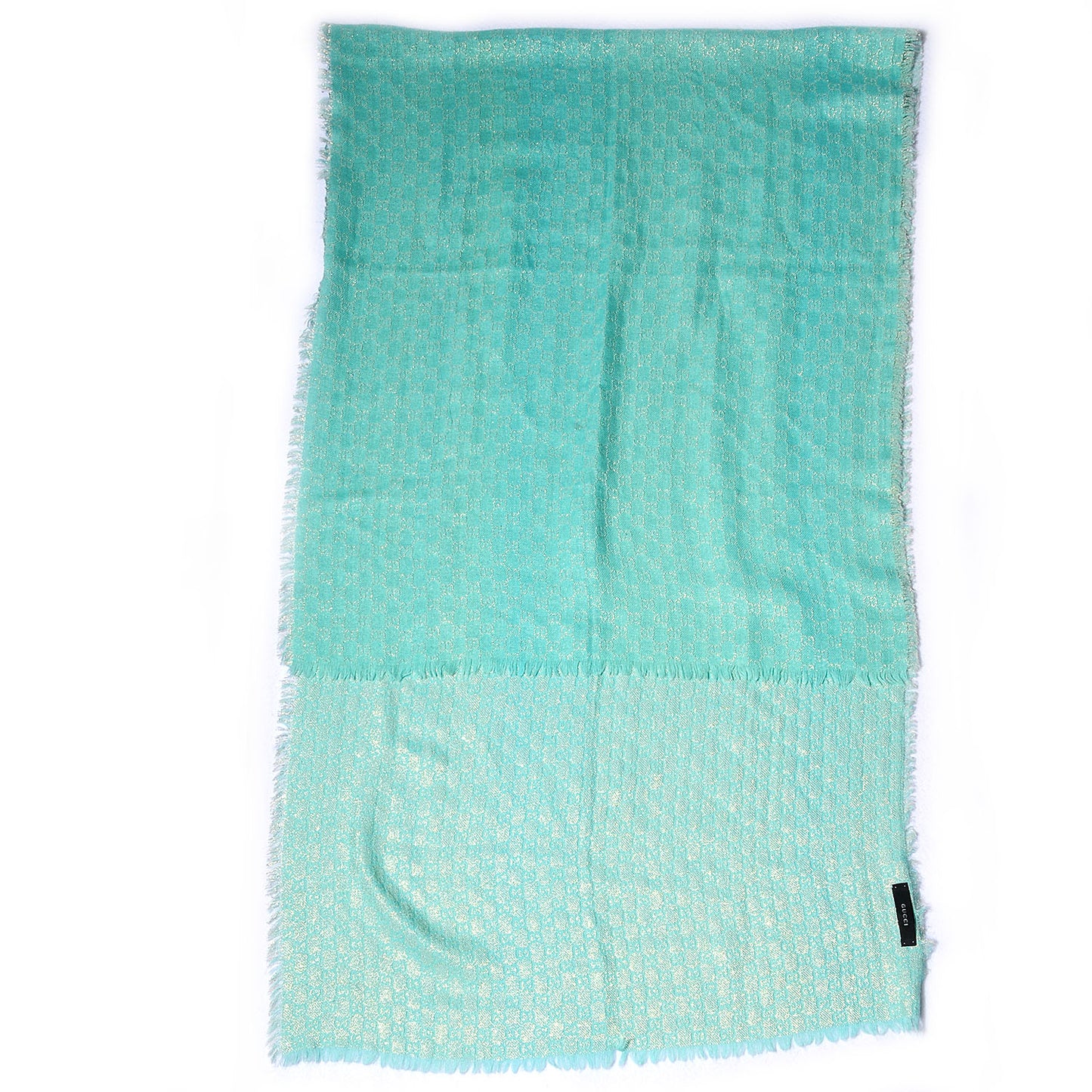 Wool Silk Jacquard Monogram Fringe Scarf Aqua Gold