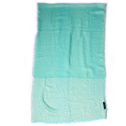 Gucci Wool Silk Jacquard Monogram Fringe Scarf Aqua Gold 3 of 7