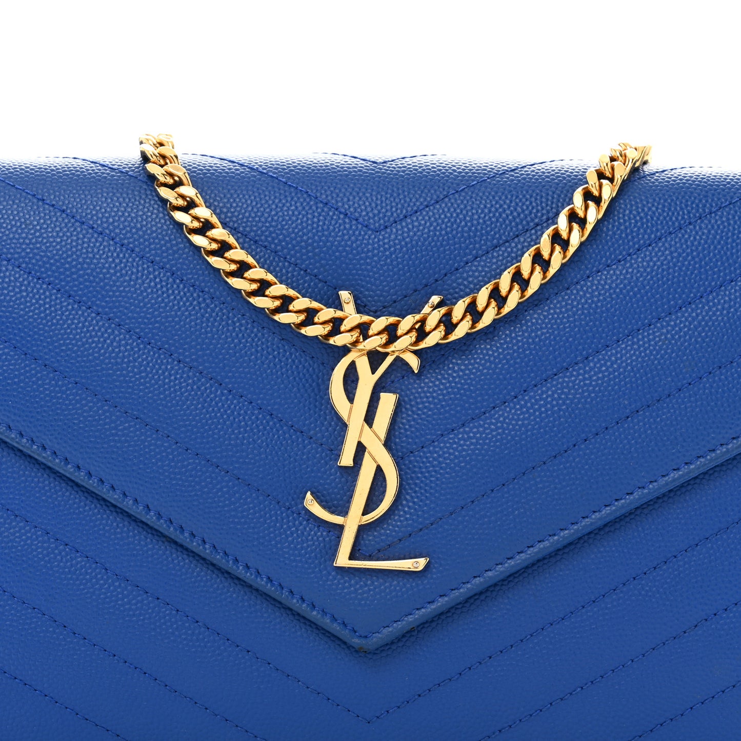 Grain De Poudre Matelasse Chevron Monogram Chain Wallet Blue Majorelle