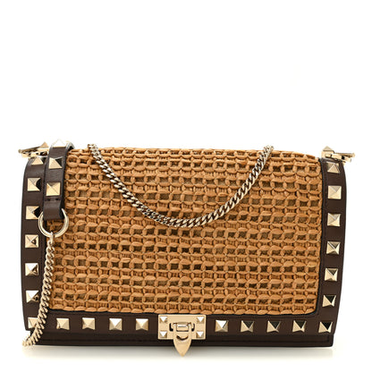 Valentino Garavani Raffia Calfskin Rockstud Wallet On Chain Pouch Natural Brown 1 of 9