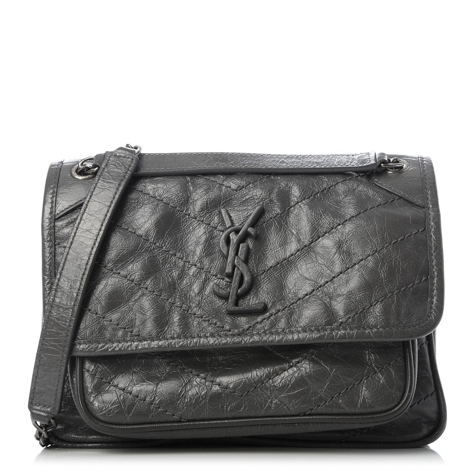 Saint Laurent Crinkled Calfskin Matelasse Monogram Baby Niki Chain Satchel Storm 1 of 12