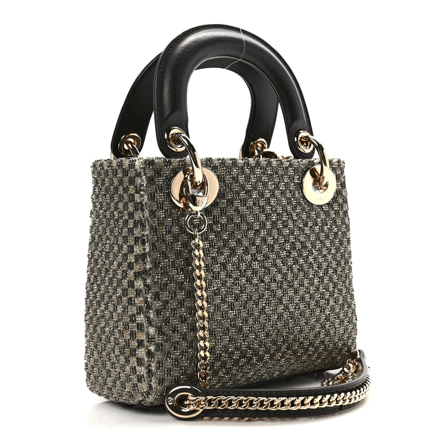 Calfskin Beaded Checkered Mini Lady Dior Grey White