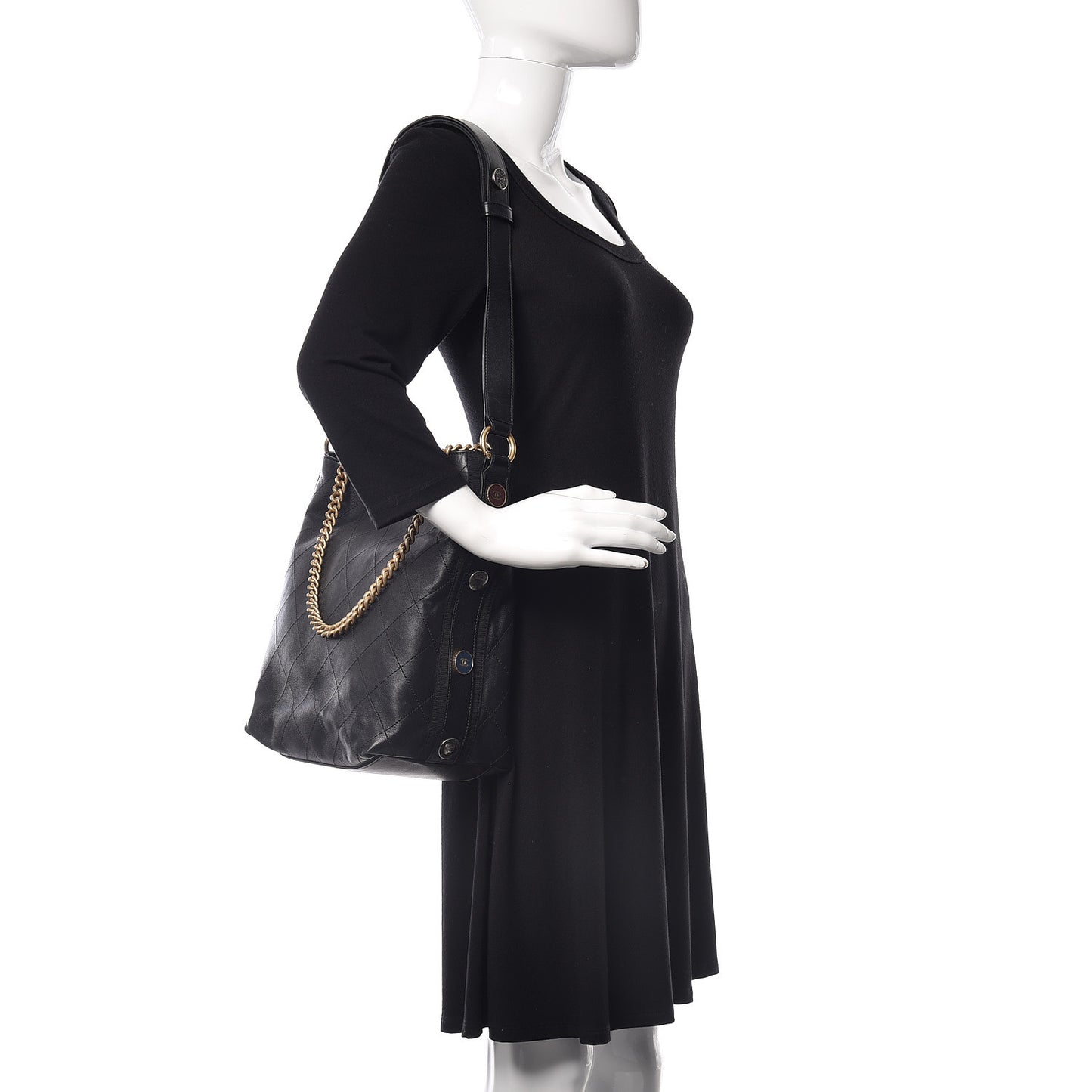 Calfskin Stitched Large Button Up Hobo Black