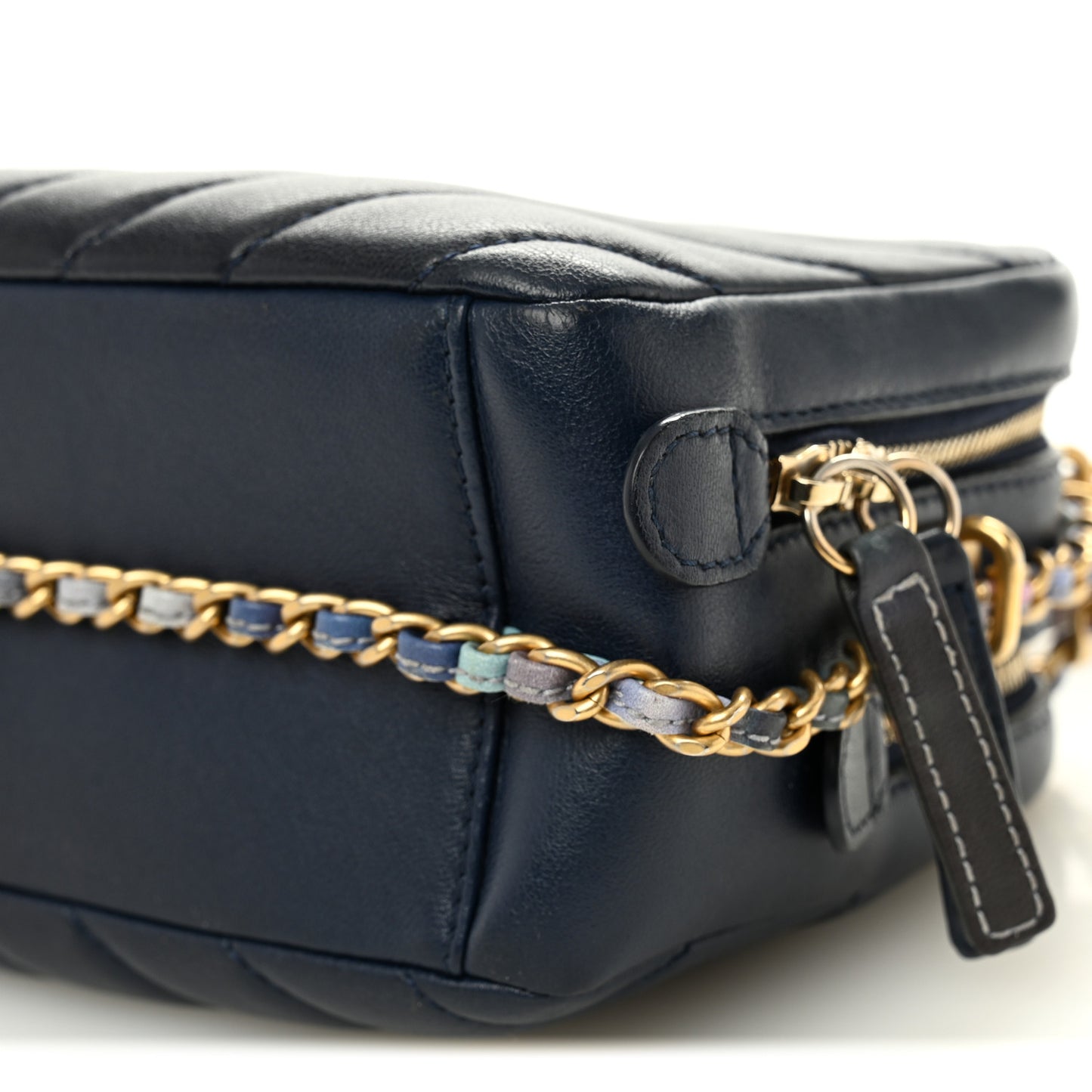 Lambskin Chevron Quilted Chain Around Camera Case Navy
