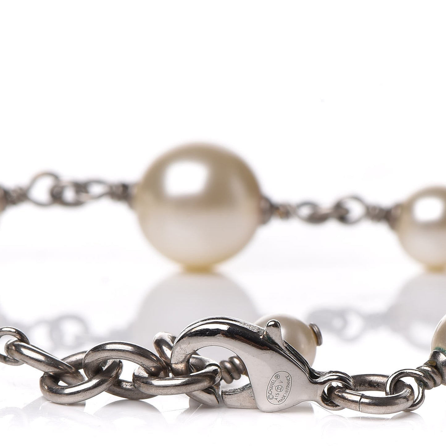 Graduated Pearl Crystal CC Long Necklace Silver