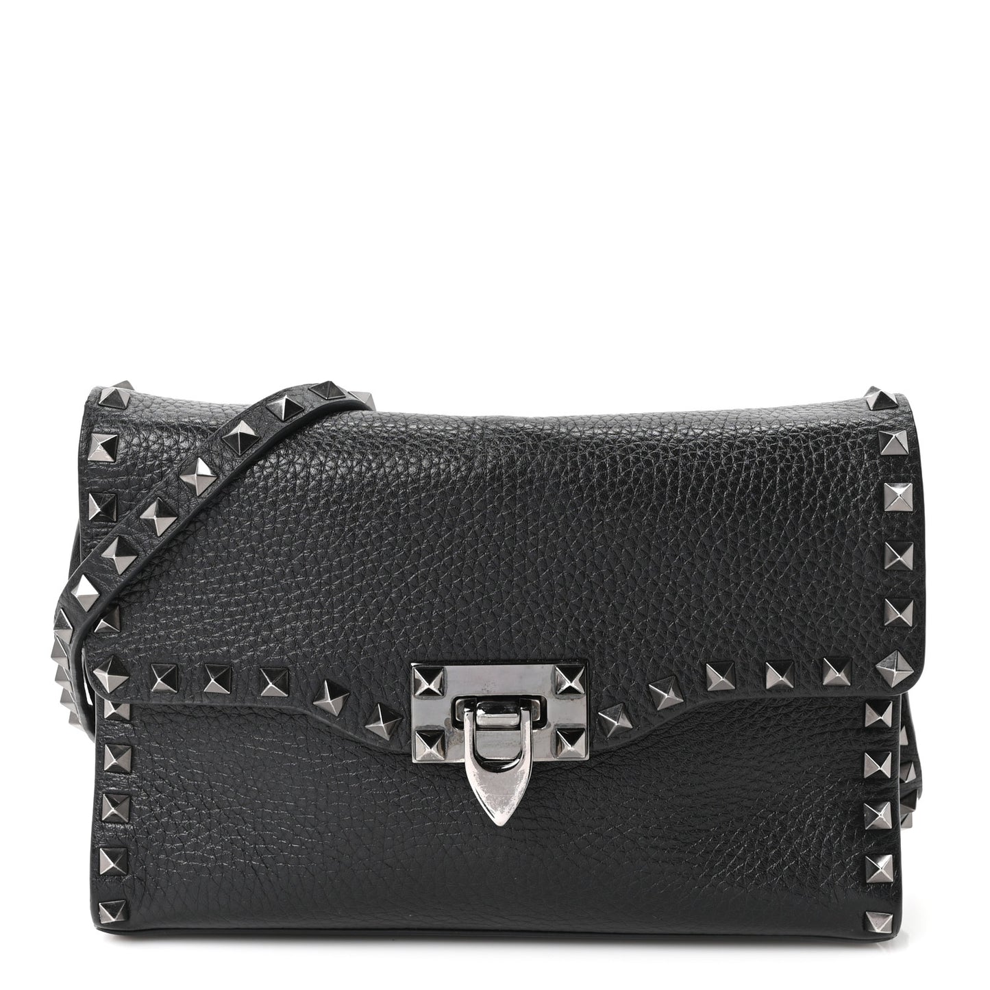 Pebbled Calfskin Monochrome Medium Rockstud Flip Lock Crossbody Bag Black