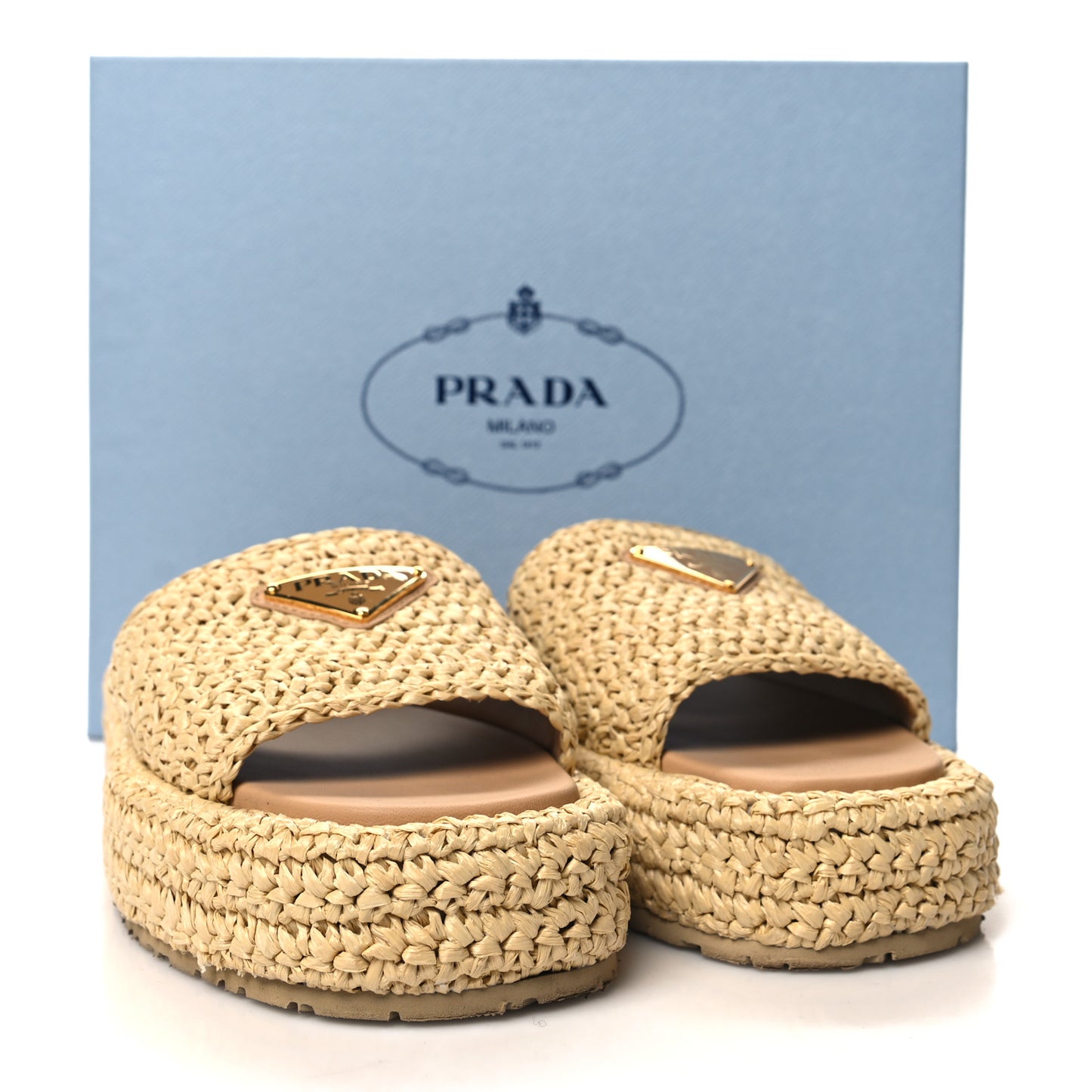 Raffia Metal Triangle Logo Woven Flatform 35mm Slide Sandals 37 Naturale