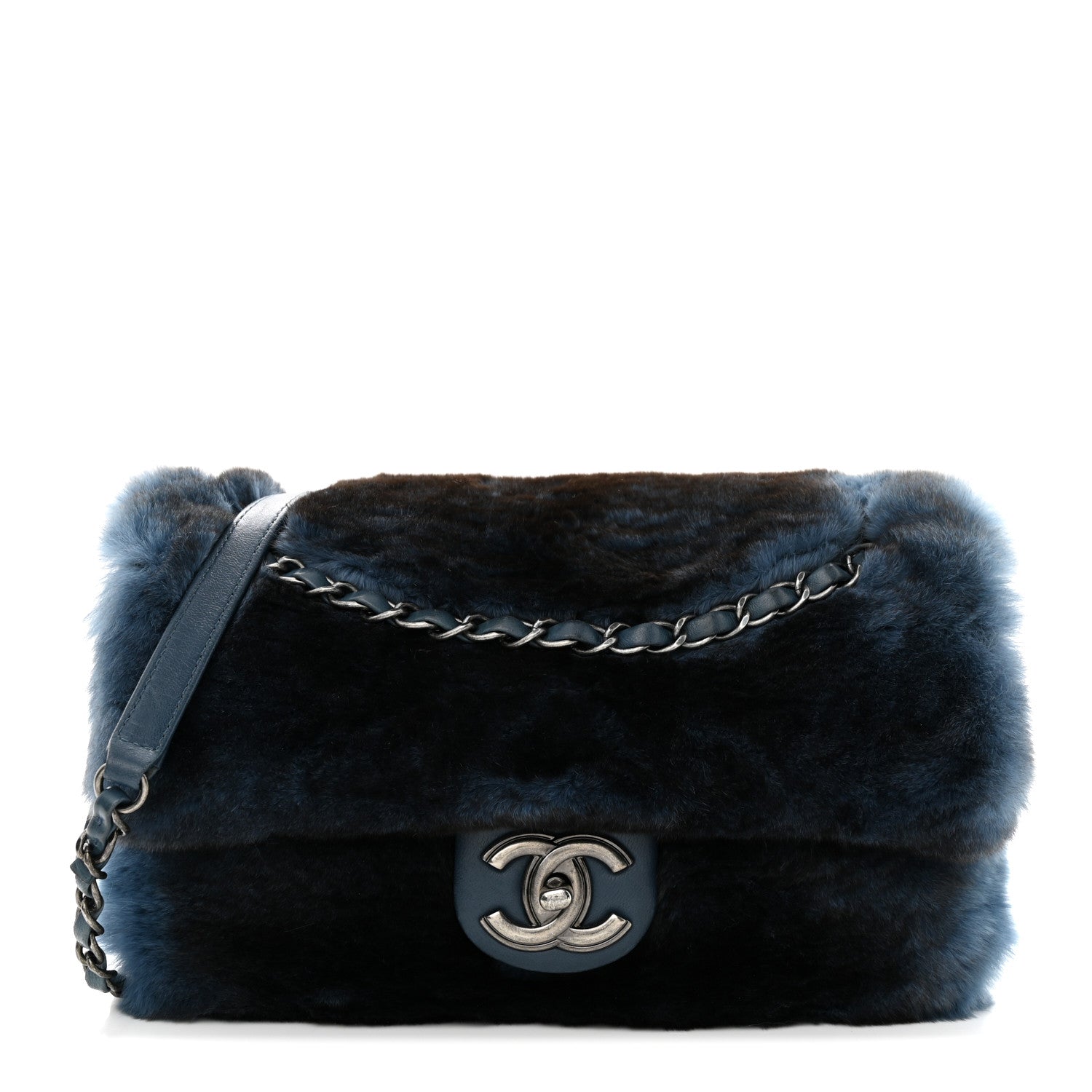 Chanel Rabbit Fur Medium Single Flap Navy Blue 1 of 12