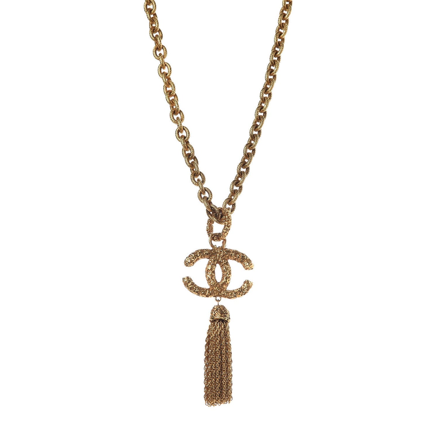 Textured Etruscan CC Tassel Necklace Gold