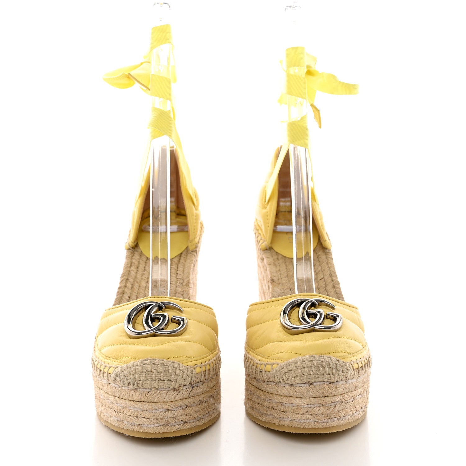Gucci Nappa Matelasse GG Marmont Ankle Wrap Platform Espadrille Wedges 36.5 Banana 2 of 13