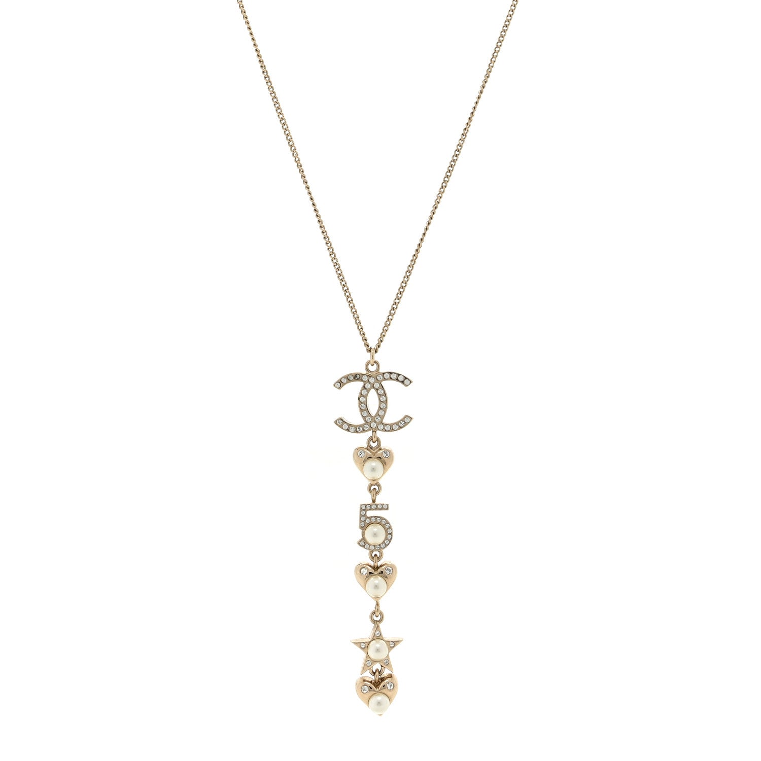 Chanel Crystal Pearl Charming Winter CC Star Heart Drop Necklace Gold 1 of 4