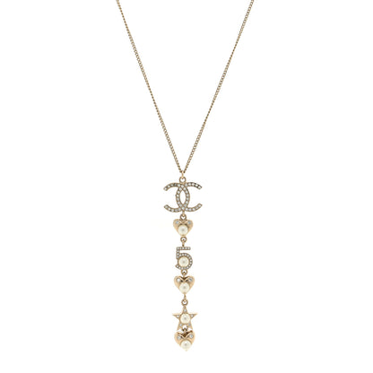 Chanel Crystal Pearl Charming Winter CC Star Heart Drop Necklace Gold 1 of 4