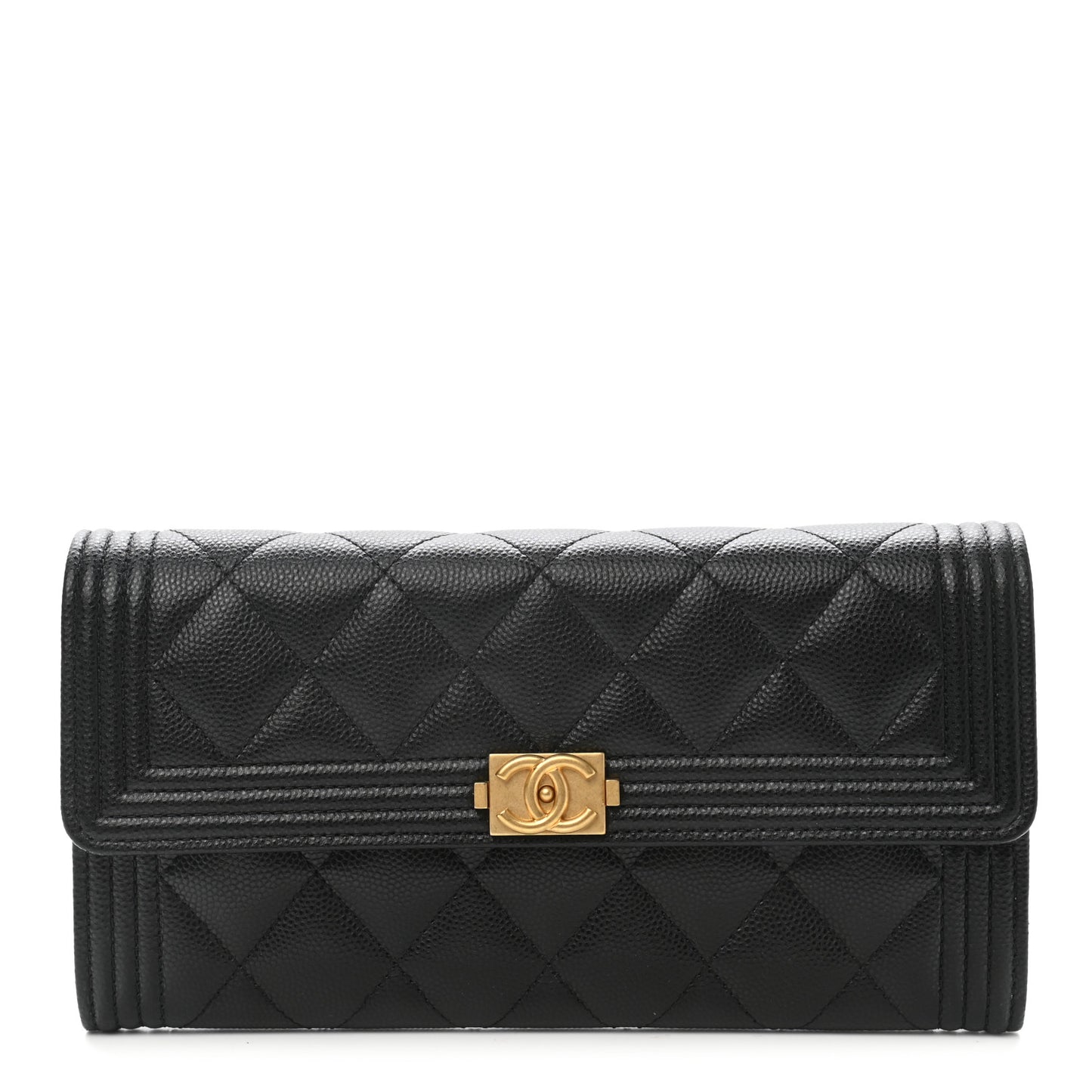Caviar Quilted Large Boy Gusset Flap Wallet Black