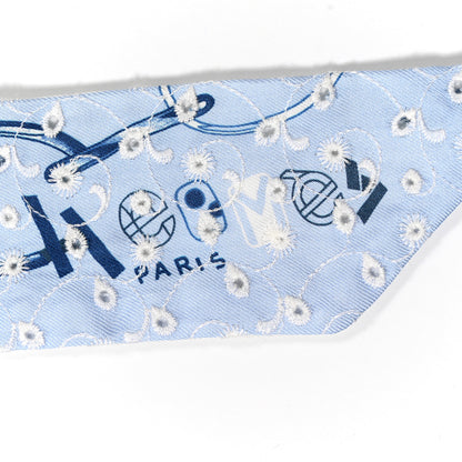Hermes Silk Embroidered Do Re Boucles Broderie Anglaise Twilly Bleu White Marine 2 of 4