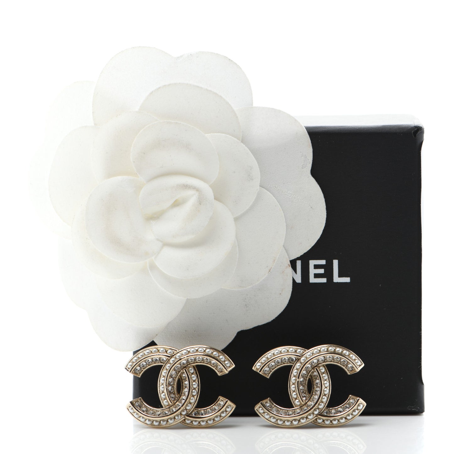 Crystal Pearl Chain Mania CC Earrings Gold