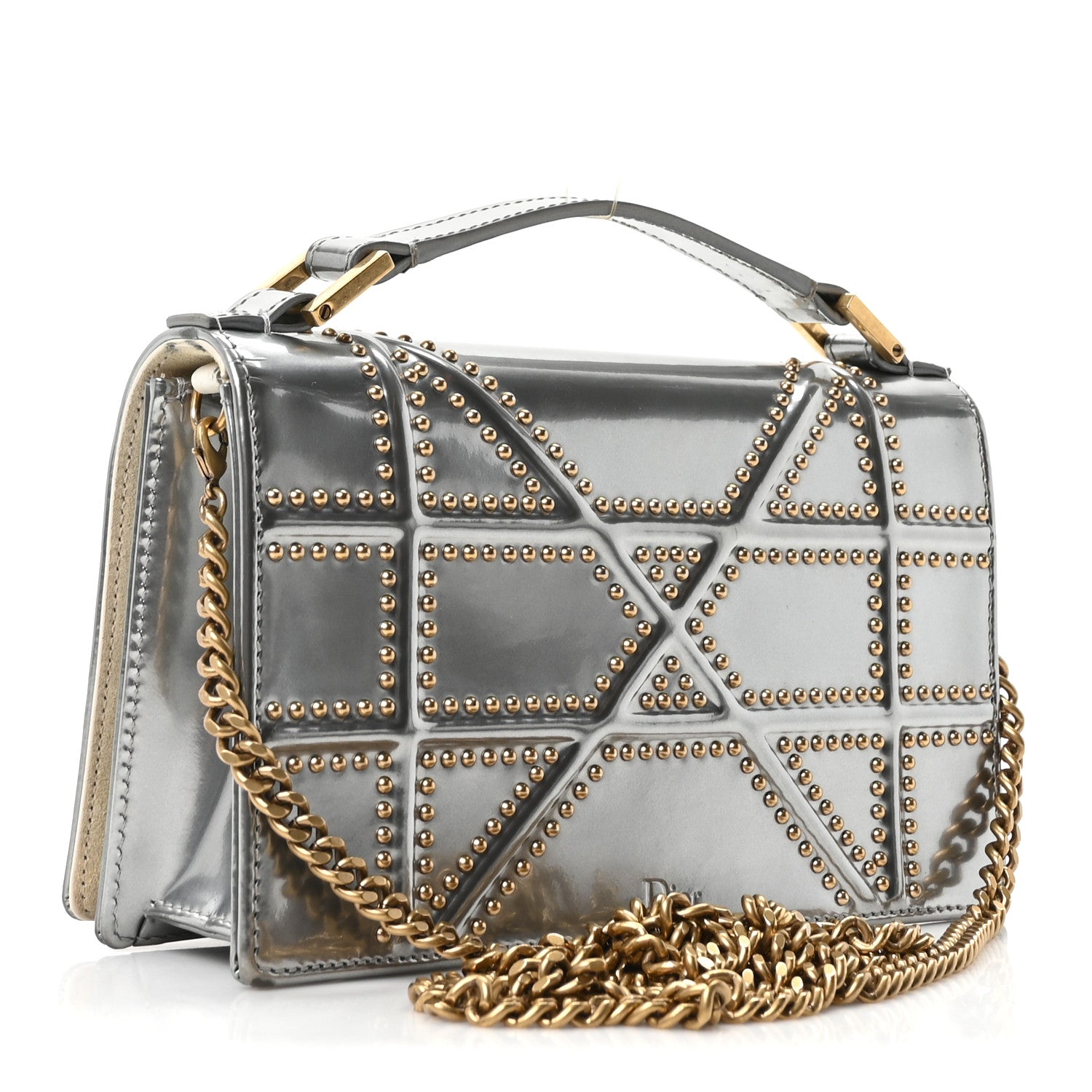 Christian Dior Metallic Patent Studded Diorama Top Handle Wallet on Chain Pouch Silver 4 of 11