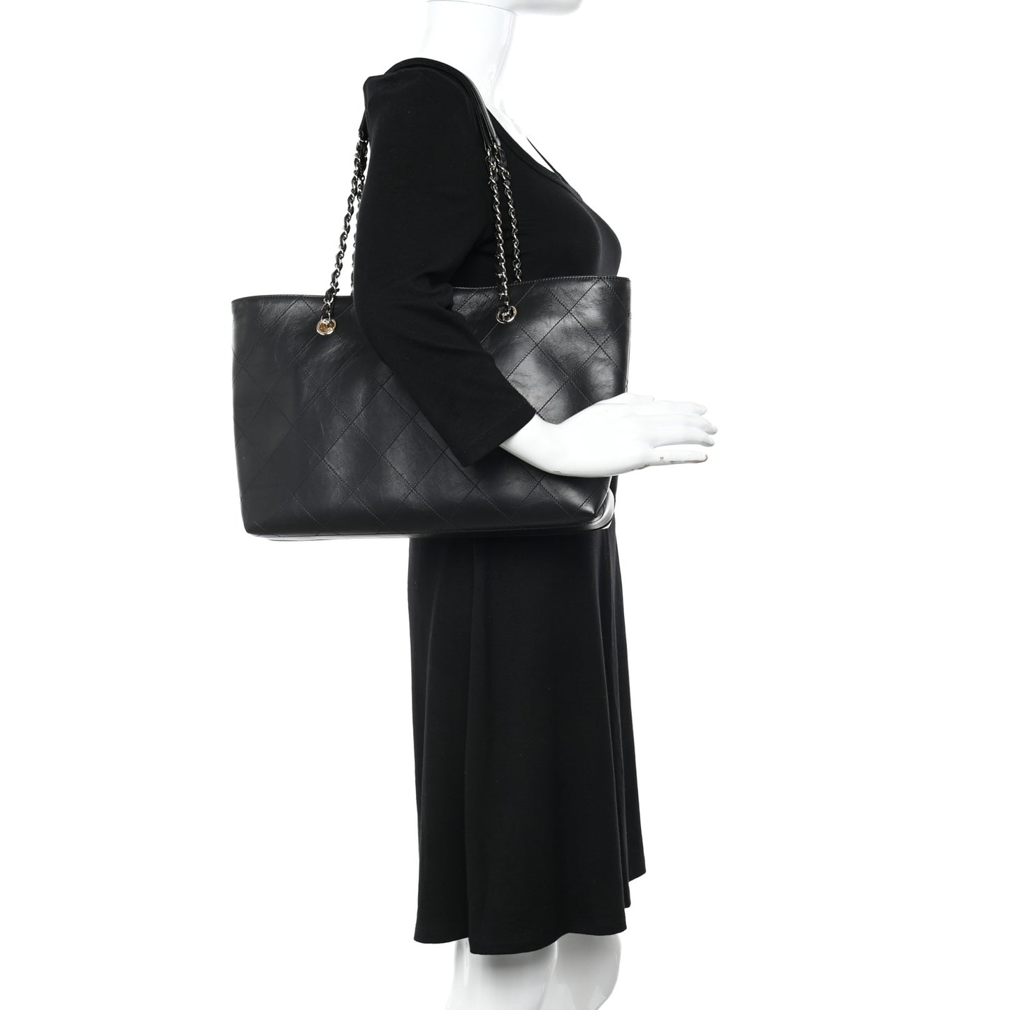Glazed Calfskin Stitched Shopping Tote Black