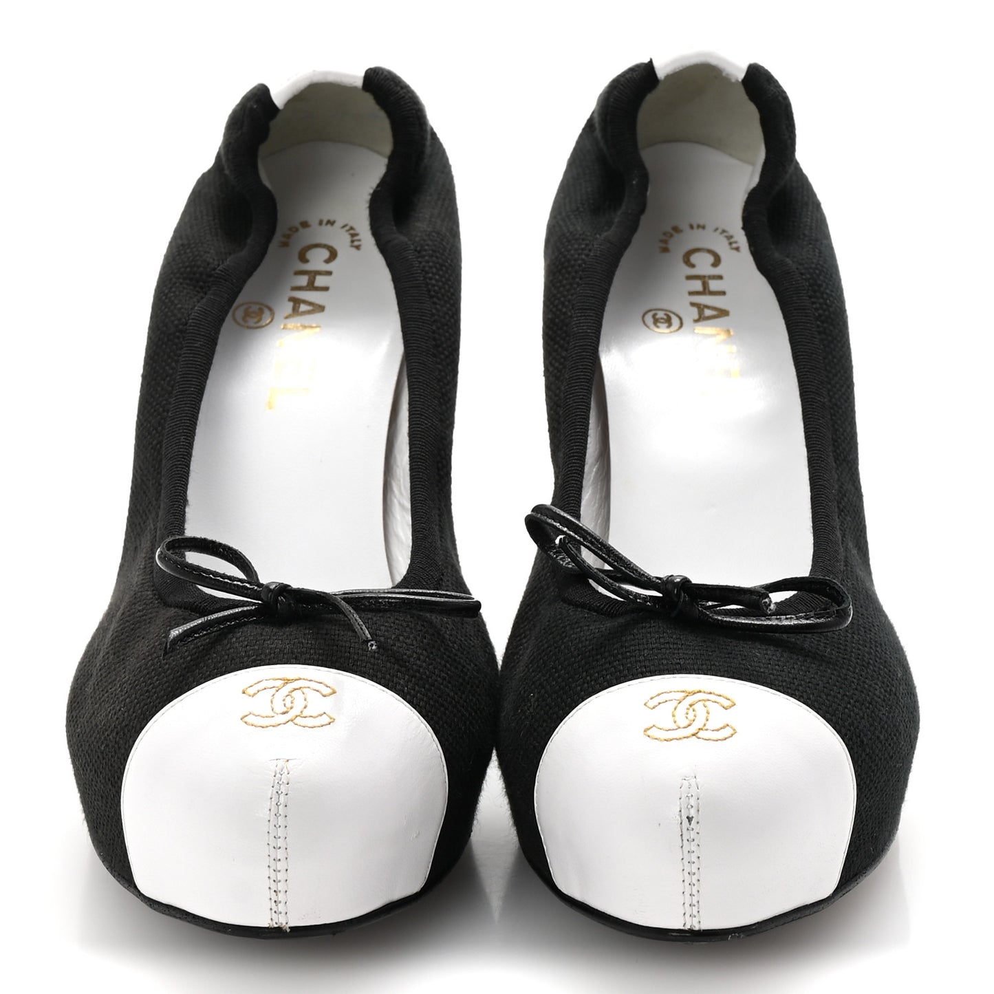 Canvas Calfskin Cap Toe Bow CC Pumps 40 Black White