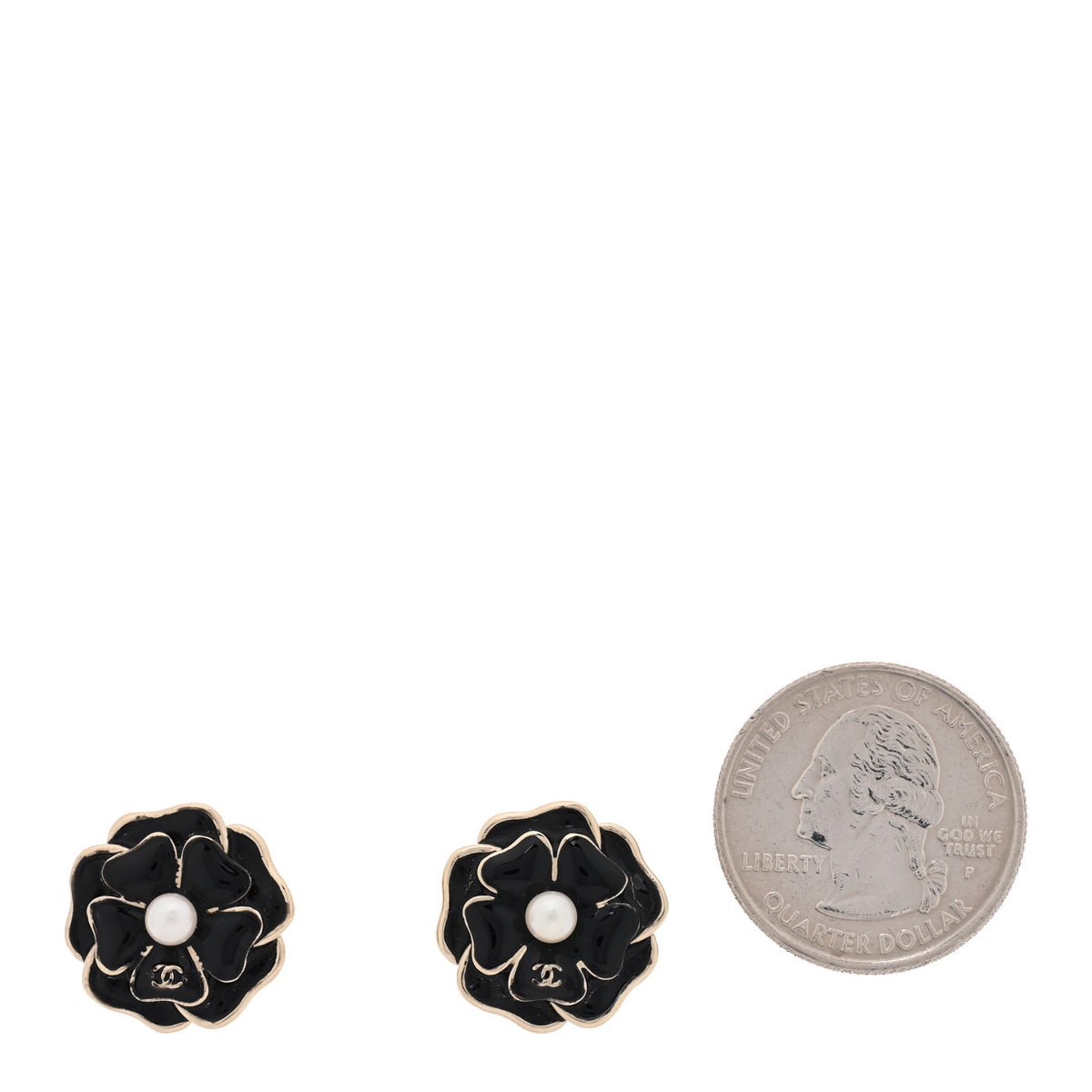 Metal Resin Pearl CC Camellia Stud Earrings Gold Black