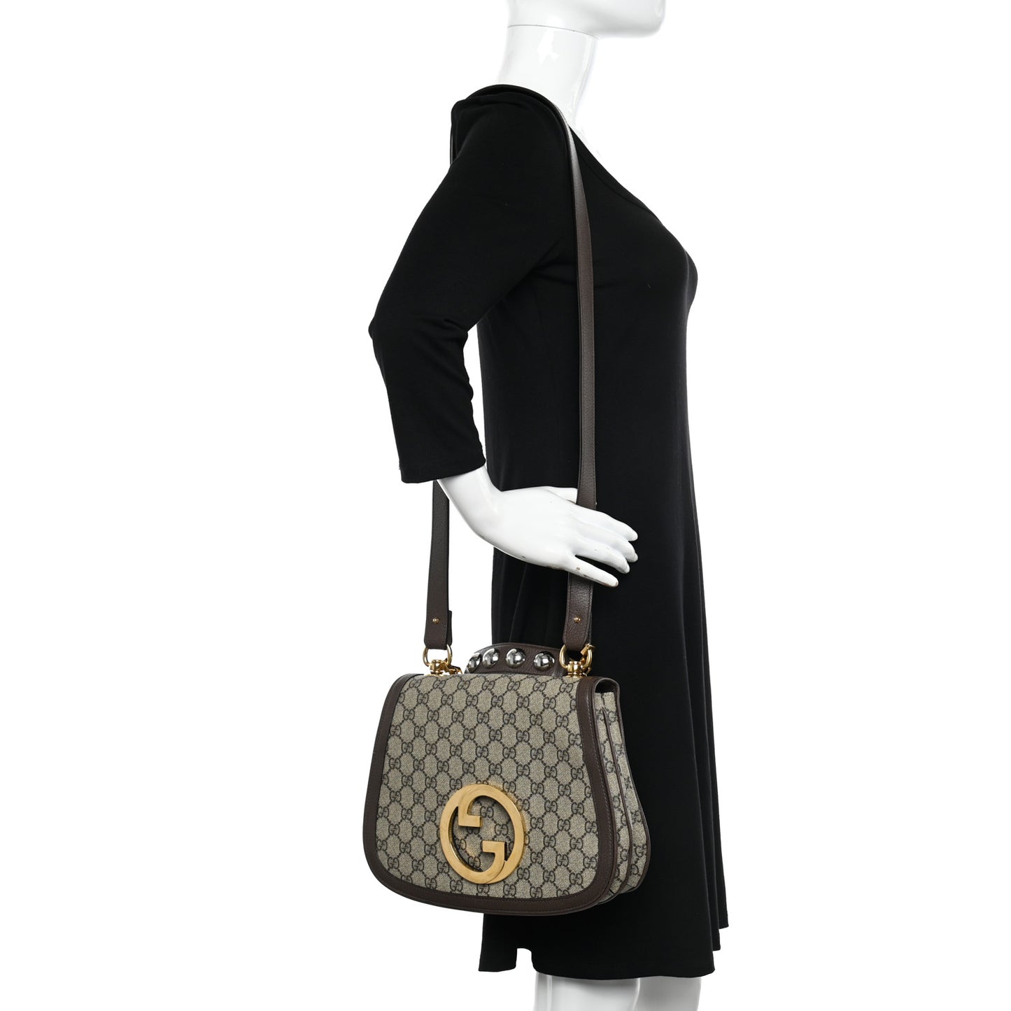 GG Supreme Monogram Textured Dollar Calfskin Web Medium Blondie Top Handle Shoulder Flap Bag Beige Ebony New Acero