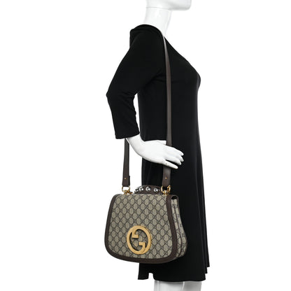 Gucci GG Supreme Monogram Textured Dollar Calfskin Web Medium Blondie Top Handle Shoulder Flap Bag Beige Ebony New Acero 2 of 15