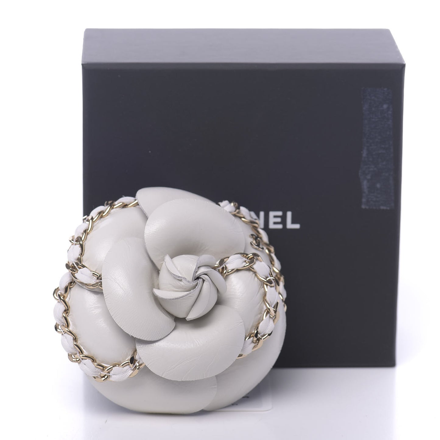 Lambskin Chain CC Camellia Brooch White