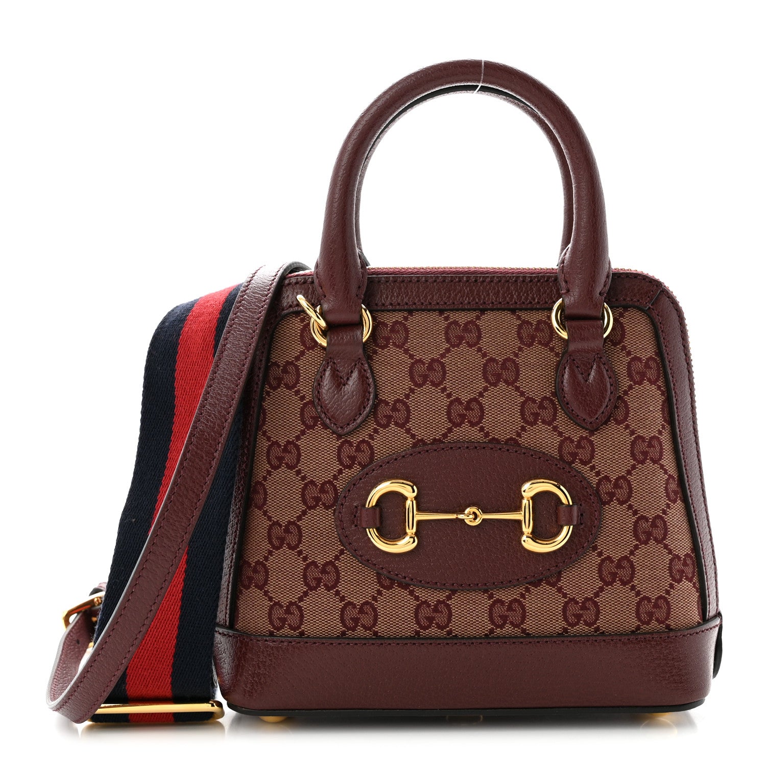 Gucci Monogram Textured Dollar Calfskin Mini Horsebit 1955 Top Handle Bag  Sahara Rubino Chardonnay 1 of 10