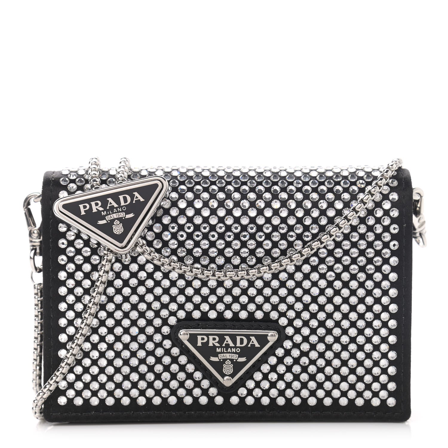 Prada Satin Crystal Metal Triangle Logo Card Holder With Strap Cristal 1 of 10