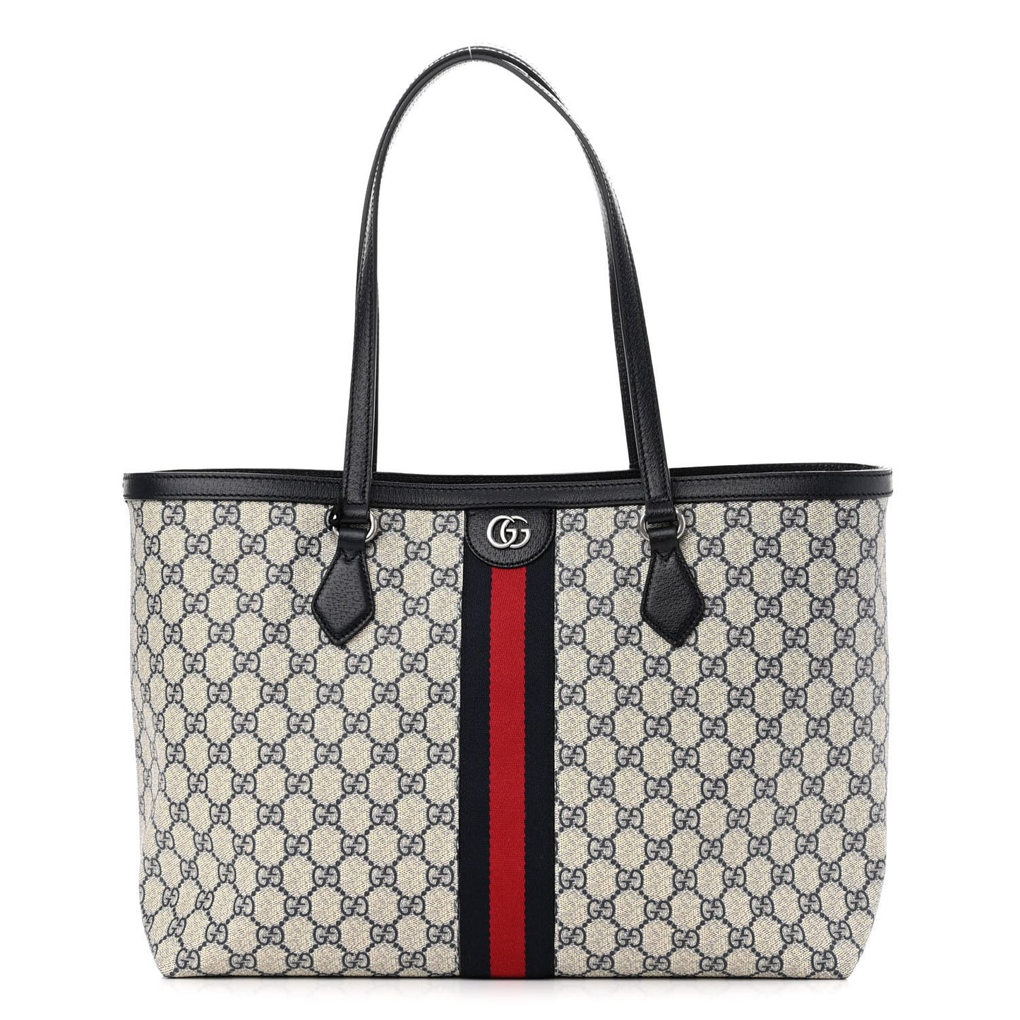 GG Supreme Monogram Textured Calfskin Web Medium Ophidia Shopping Tote Beige Blue