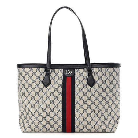 GG Supreme Monogram Textured Calfskin Web Medium Ophidia Shopping Tote Beige Blue