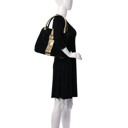 Burberry Suede Calfskin Watersnake Medium Buckle Tote Black Gold 2 of 9