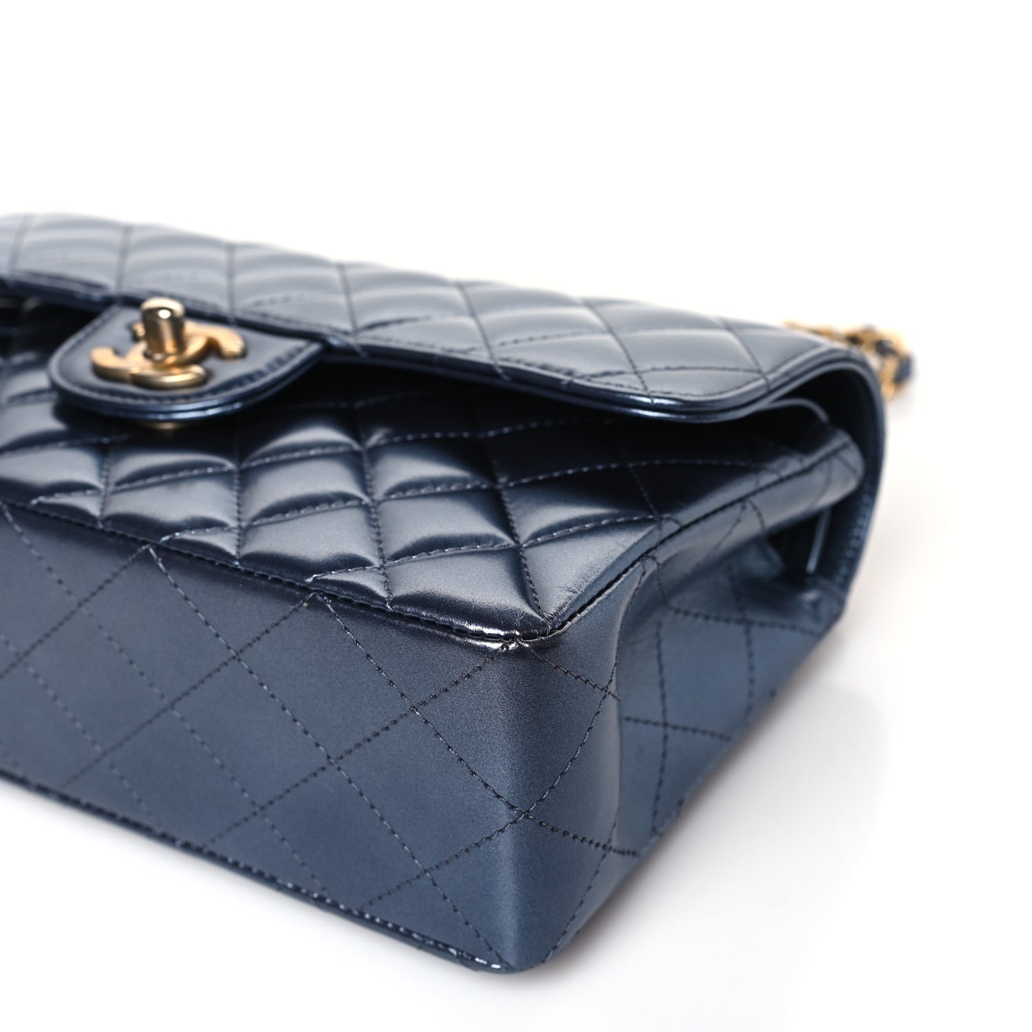 Metallic Lambskin Quilted Small Double Flap Dark Blue