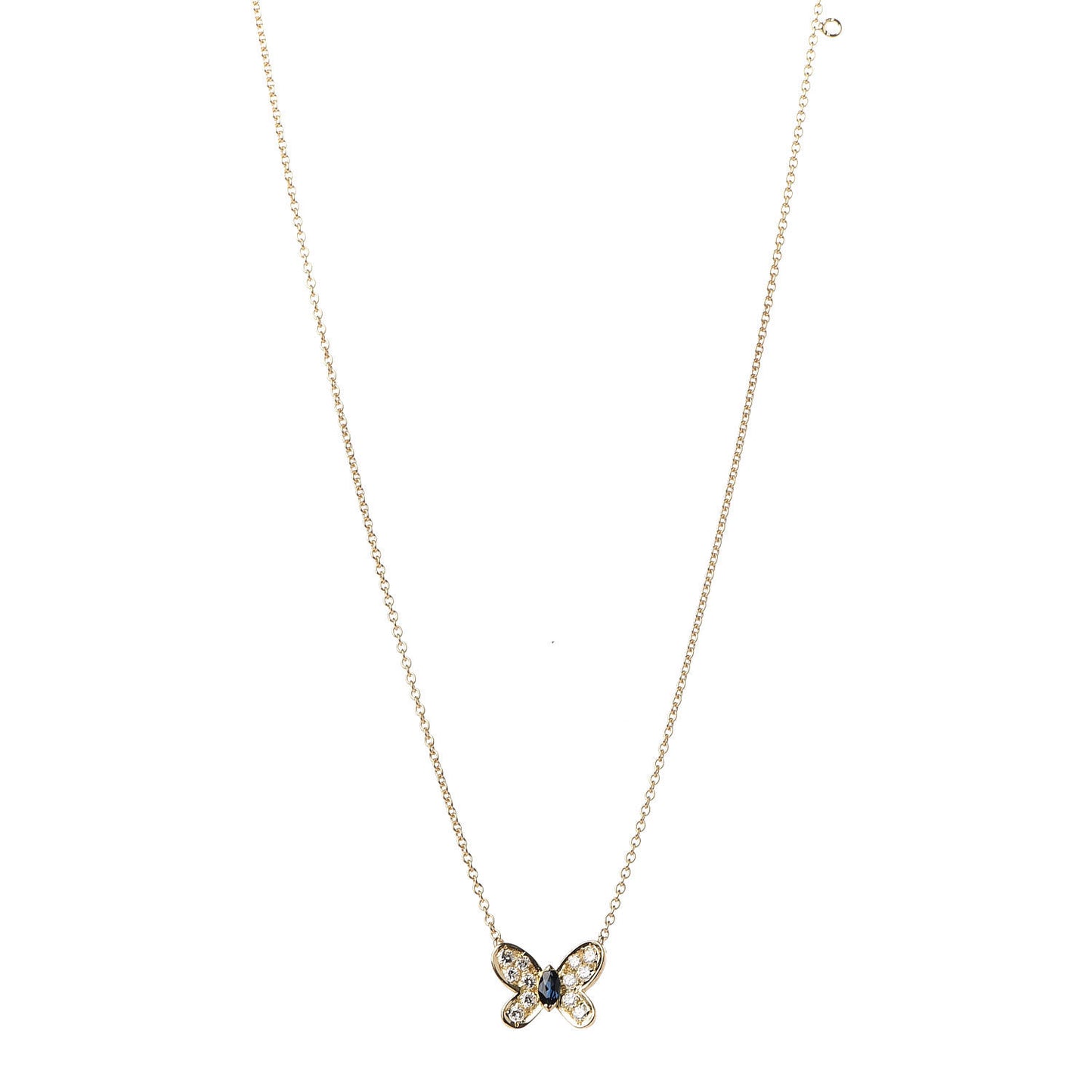 18K Yellow Gold Diamond Blue Sapphire Butterfly Pendant Necklace