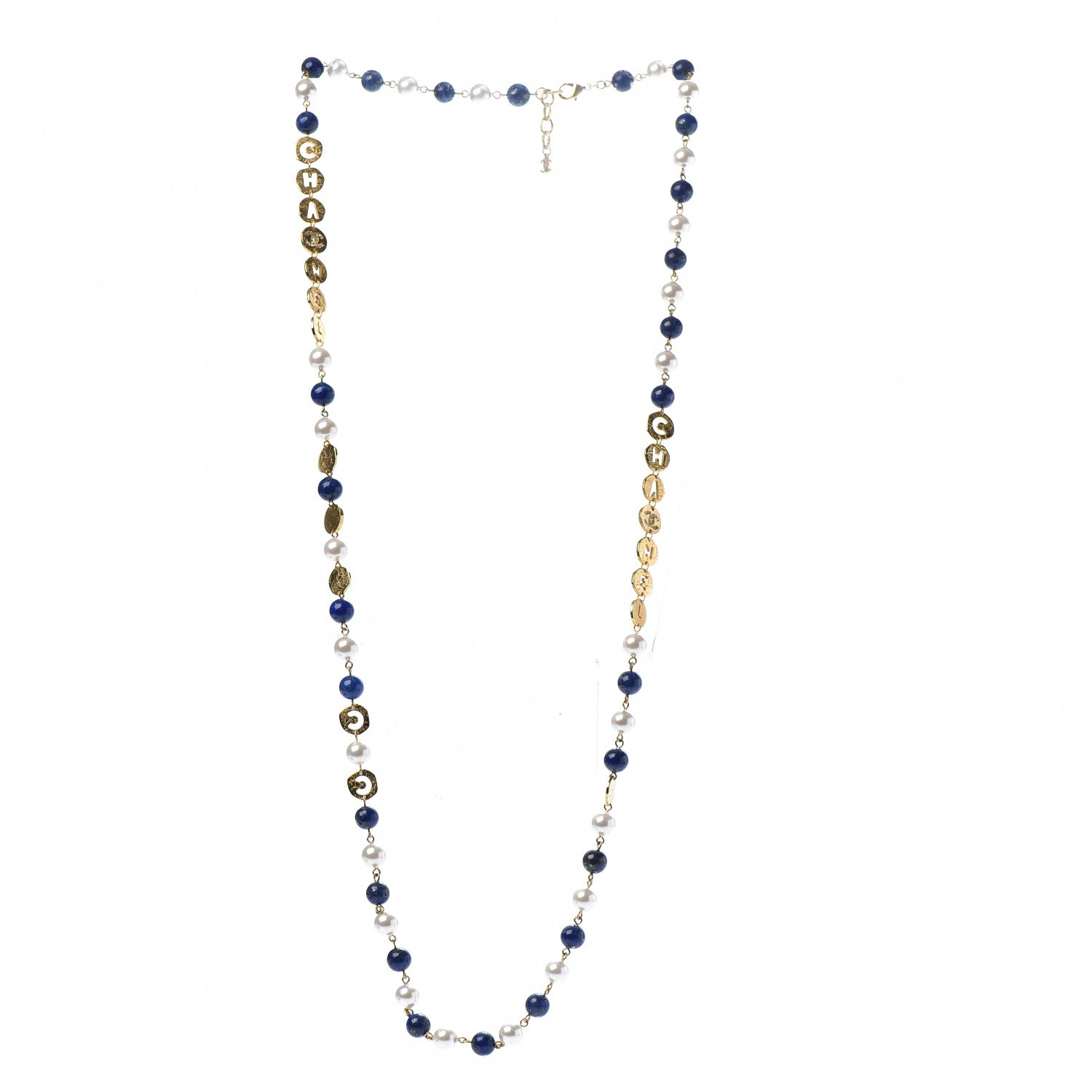 Chanel Pearl Beaded CC Long Necklace Gold Blue 3 of 4