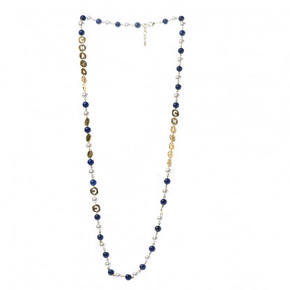 Chanel Pearl Beaded CC Long Necklace Gold Blue 3 of 4