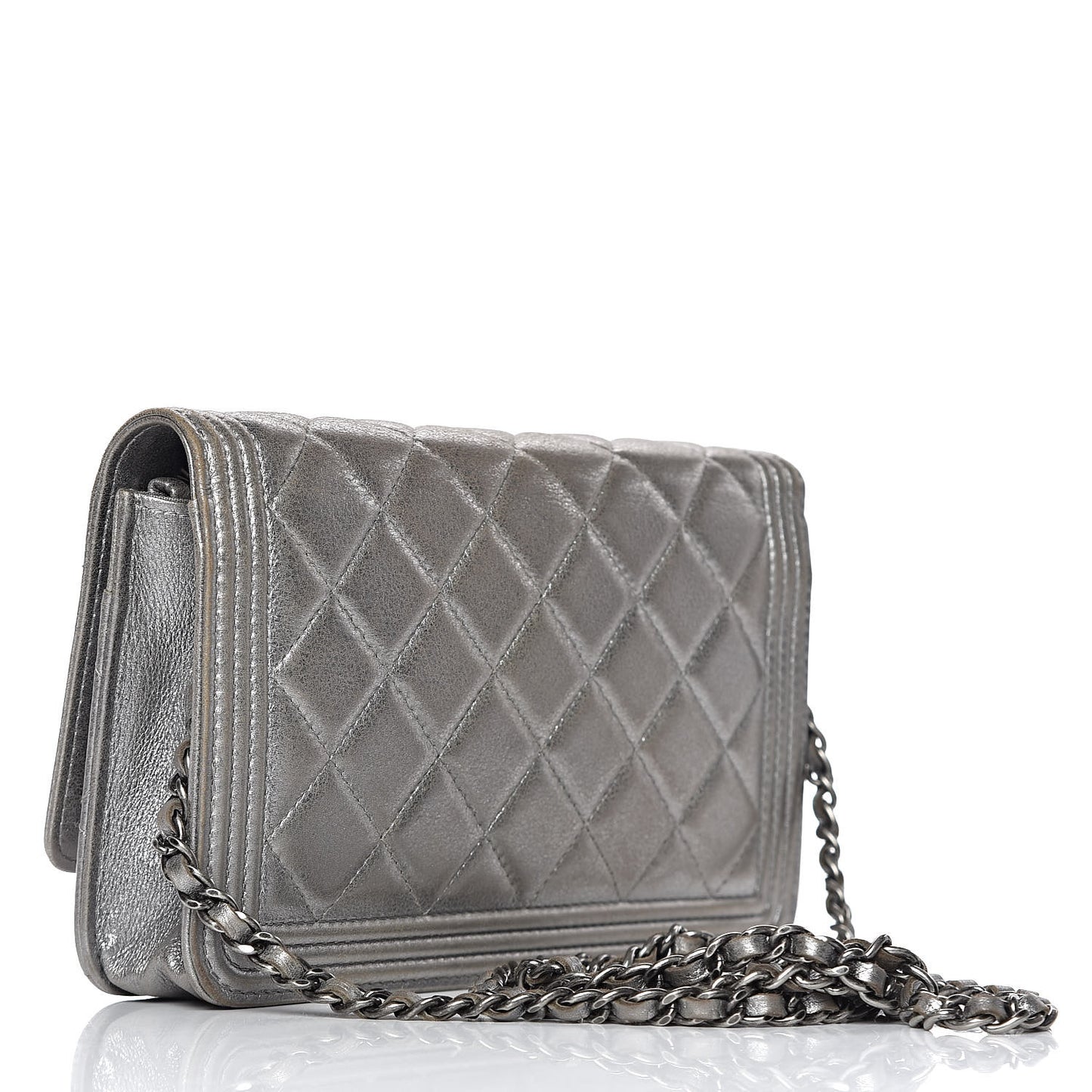 Metallic Calfskin Quilted Boy Wallet On Chain WOC Silver