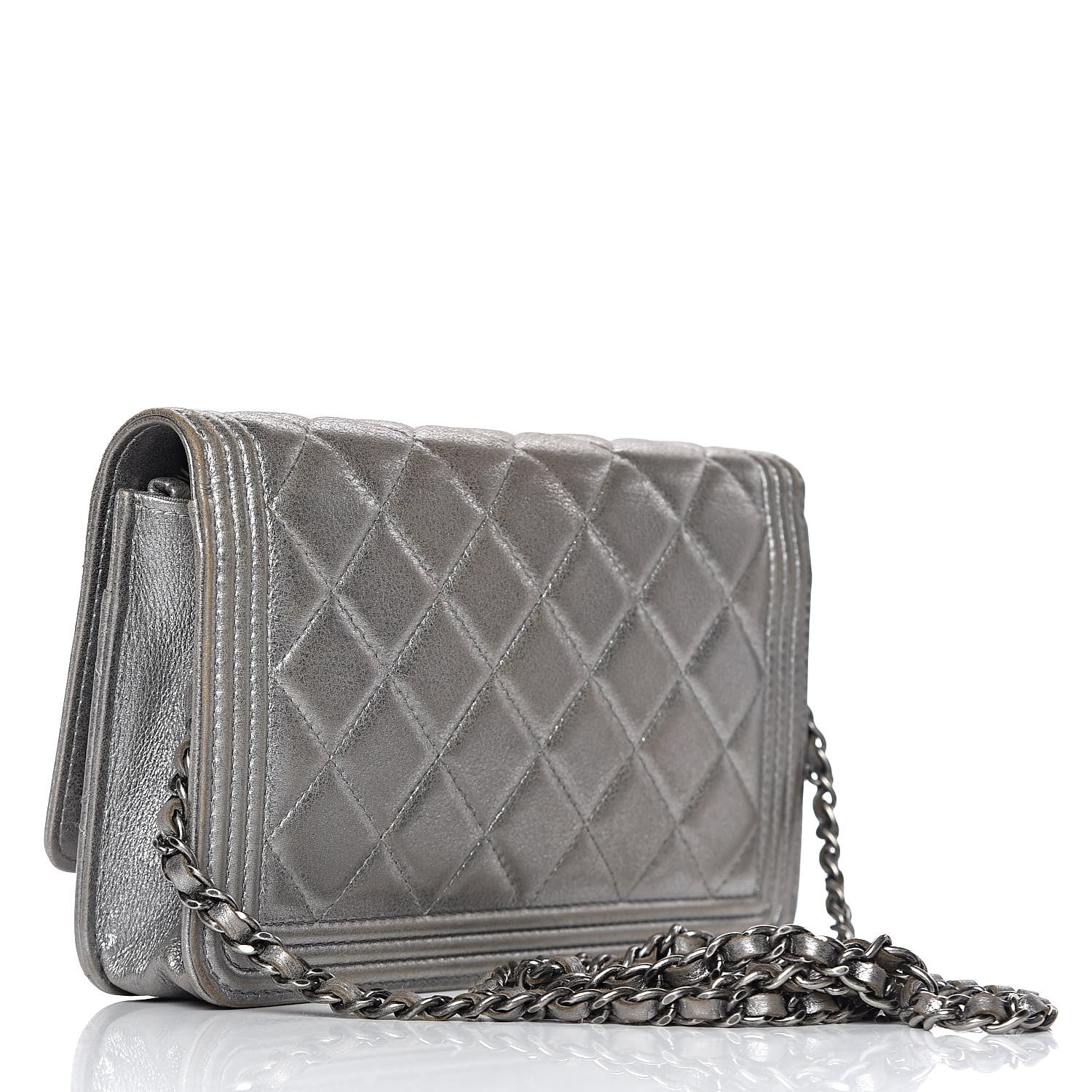 Chanel Metallic Calfskin Quilted Boy Wallet On Chain WOC Silver 3 of 16
