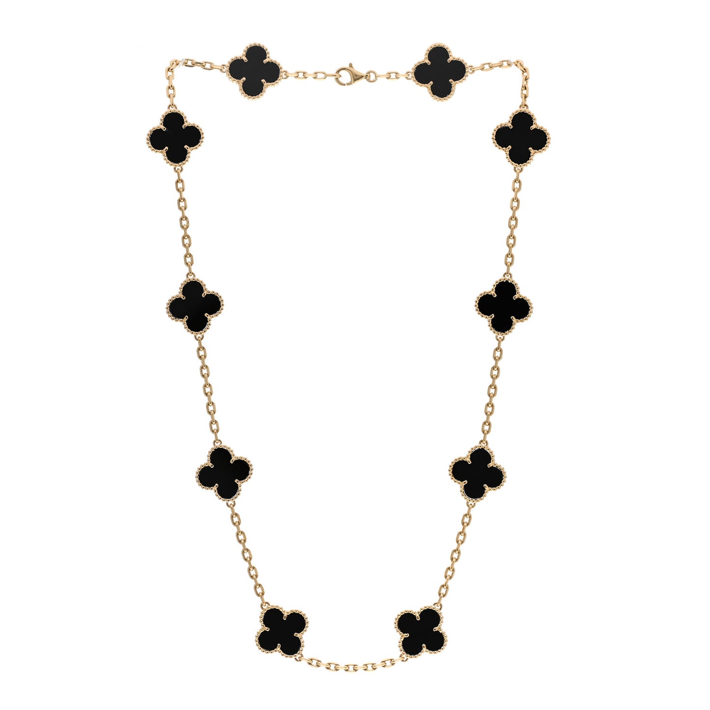 18K Yellow Gold Black Onyx 10 Motifs Vintage Alhambra Necklace