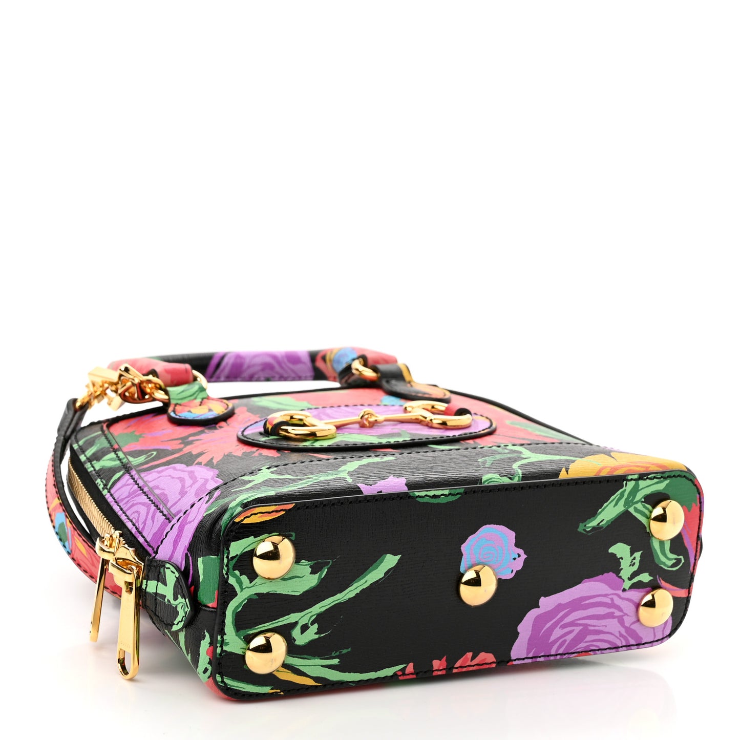 X KEN SCOTT New Shangai Calfskin Jenny Floral Print Mini Horsebit 1955 Top Handle Bag Black Pink