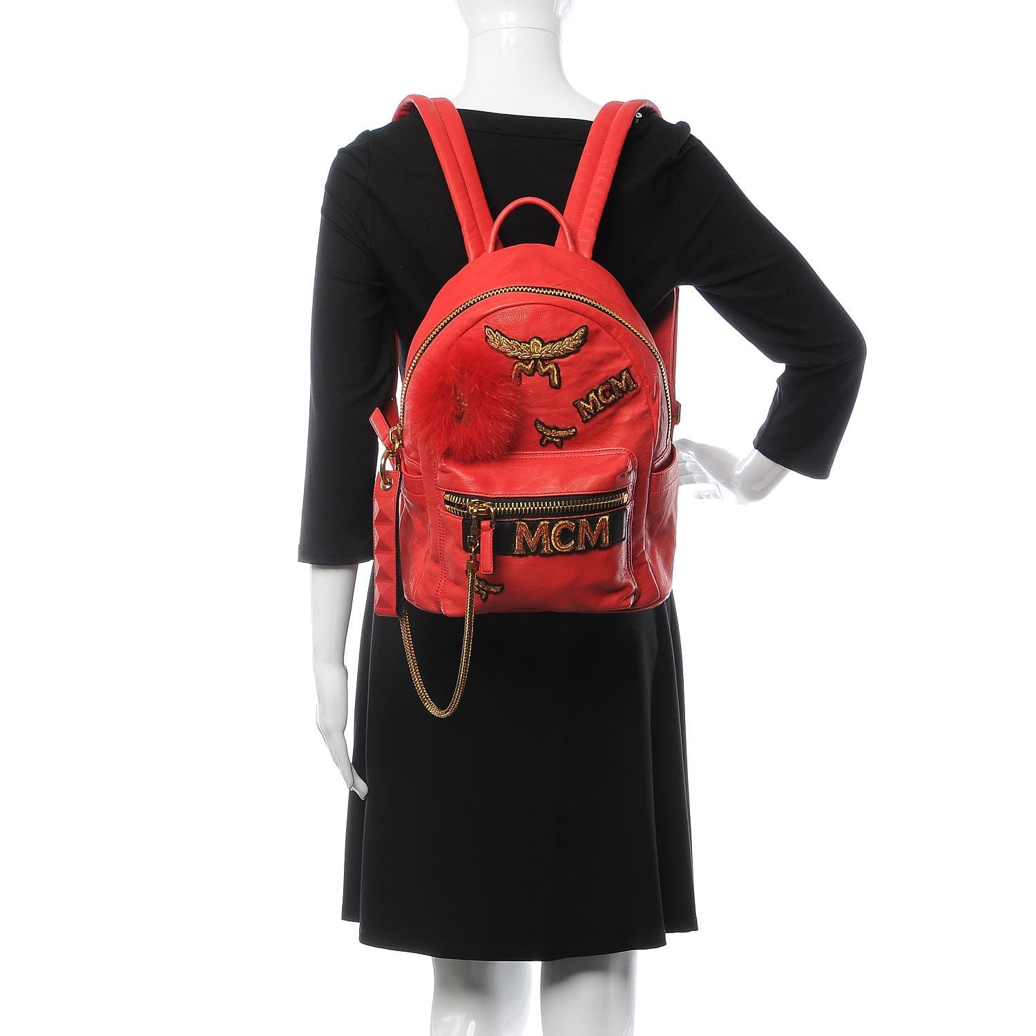 MCM Lambskin Fox Fur Small Stark Insignia Backpack Red 2 of 18