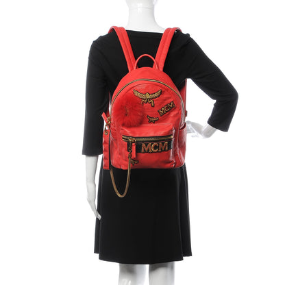 MCM Lambskin Fox Fur Small Stark Insignia Backpack Red 2 of 18