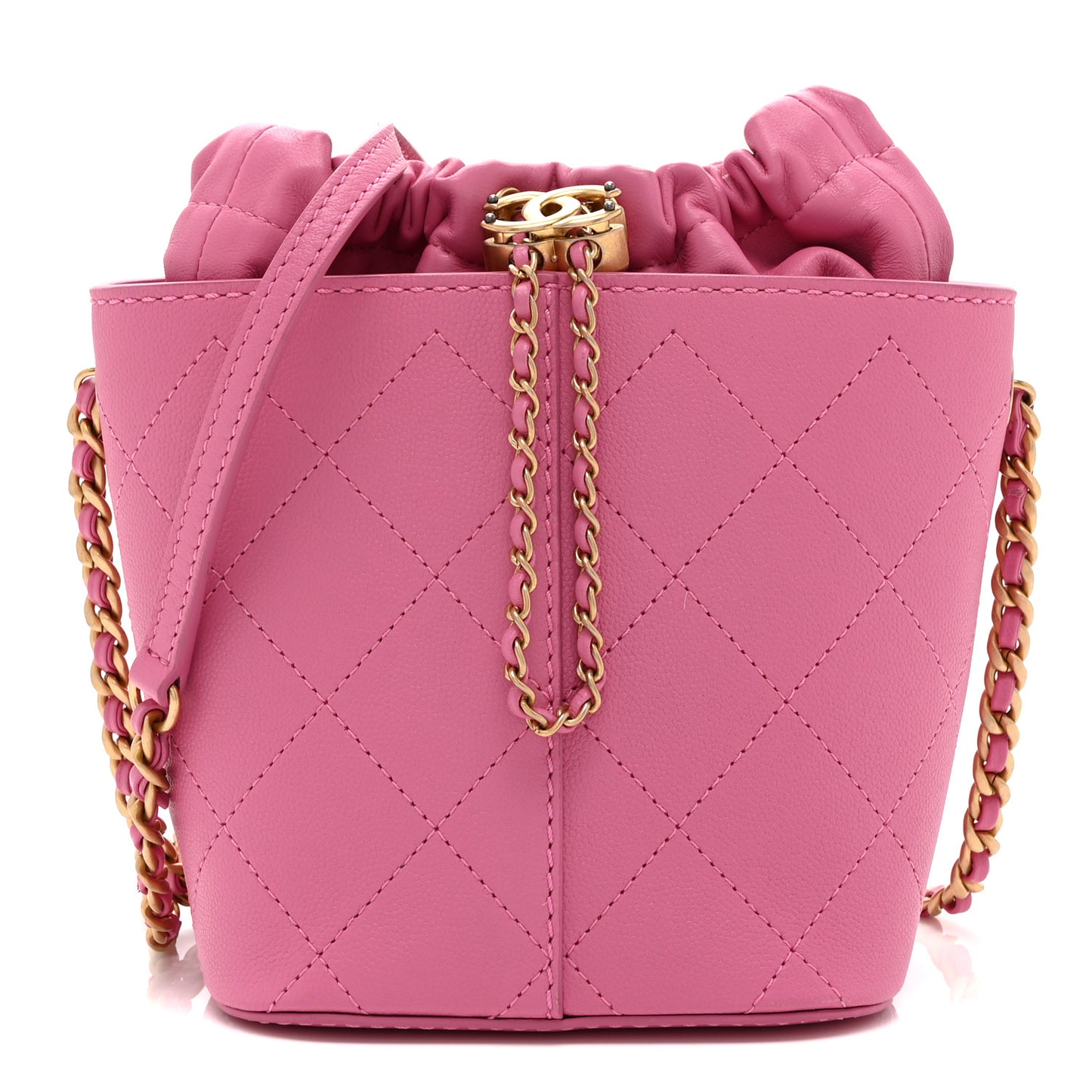 Calfskin Small CC Chain Bucket Drawstring Bag Pink