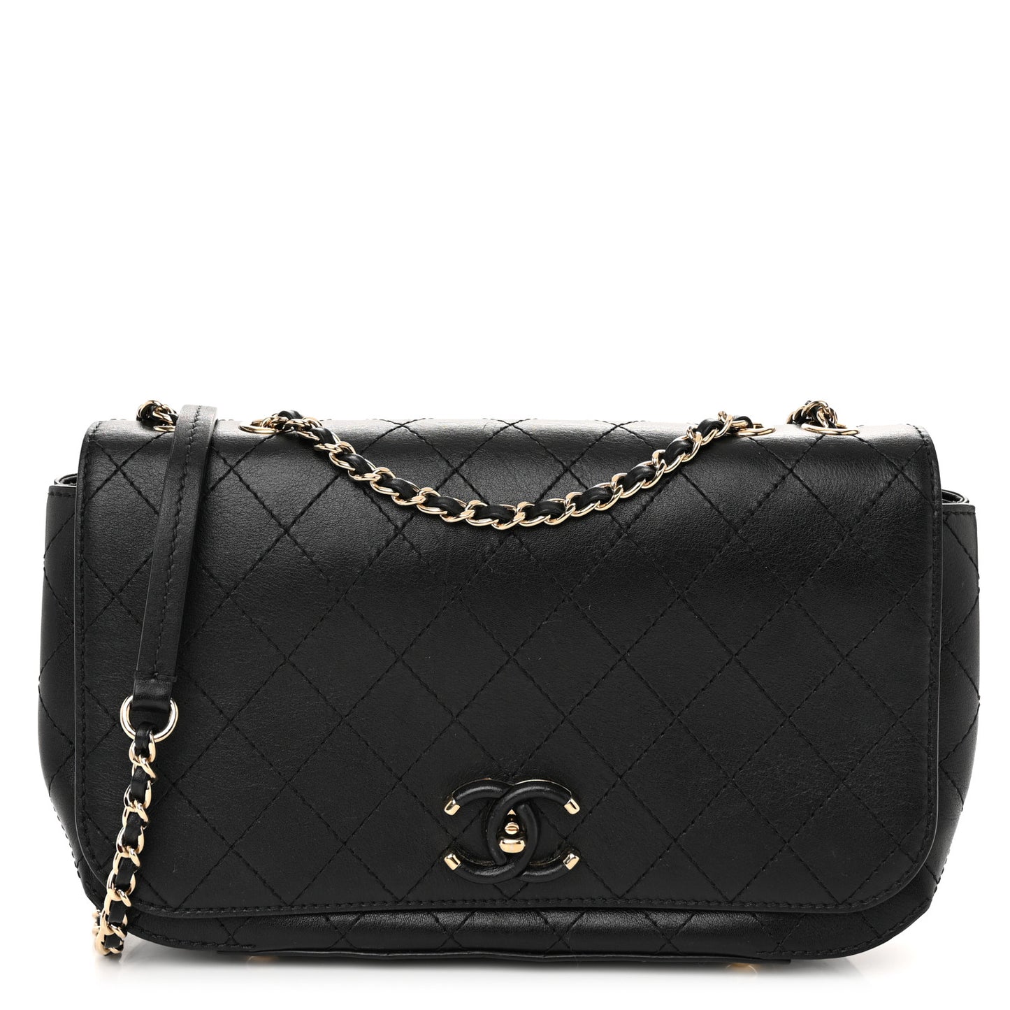 Calfskin Stitched CC Case Flap Bag Black